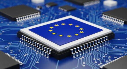 Close-up of a computer chip with the European Union flag, representing technology and innovation.