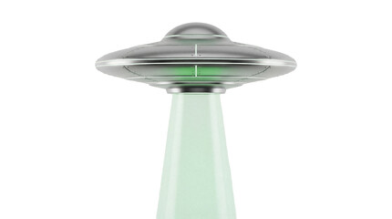 Silver UFO with green beam isolated PNG, flying saucer spaceship with light ray on transparent background, alien spacecraft © Sofix