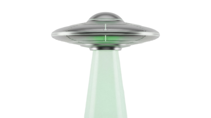 Silver UFO with green beam isolated PNG, flying saucer spaceship with light ray on transparent background, alien spacecraft
