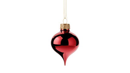 Single shiny red glass christmas ornament shaped like a teardrop hanging isolated on transparent background
