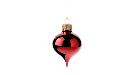 Single shiny red glass christmas ornament shaped like a teardrop hanging isolated on transparent background