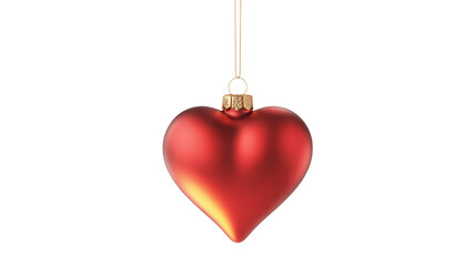 A single shiny red heart shaped christmas ornament hanging from a thin black string isolated on transparent background