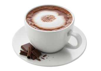 White ceramic mug, dark hot chocolate with velvety froth, chocolate shavings, isolated on white background, high-key studio shot, comforting indulgence concept