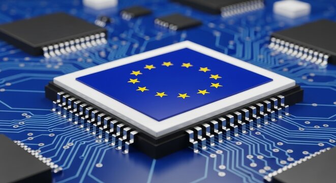 Close-up of a computer chip with the European Union flag, representing technology and innovation.