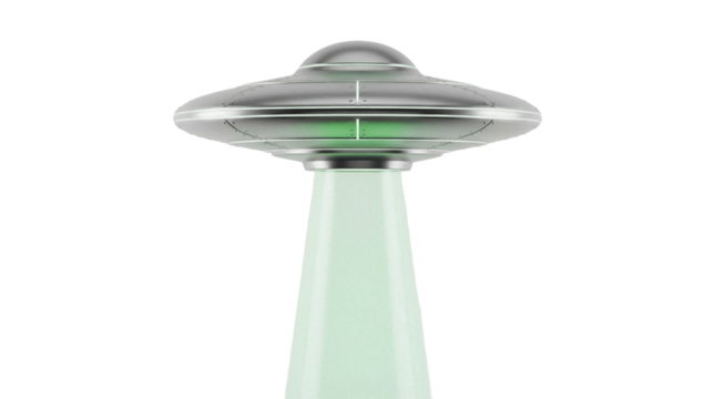 Silver UFO with green beam isolated PNG, flying saucer spaceship with light ray on transparent background, alien spacecraft