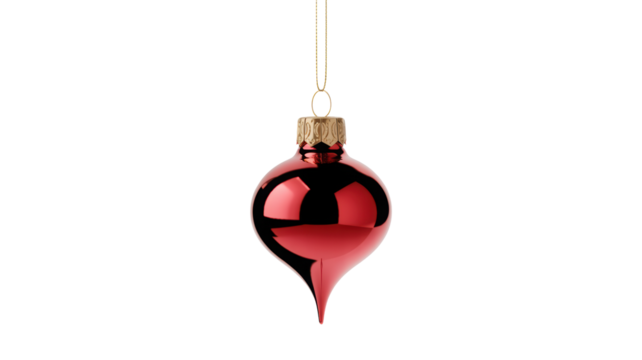 Single shiny red glass christmas ornament shaped like a teardrop hanging isolated on transparent background