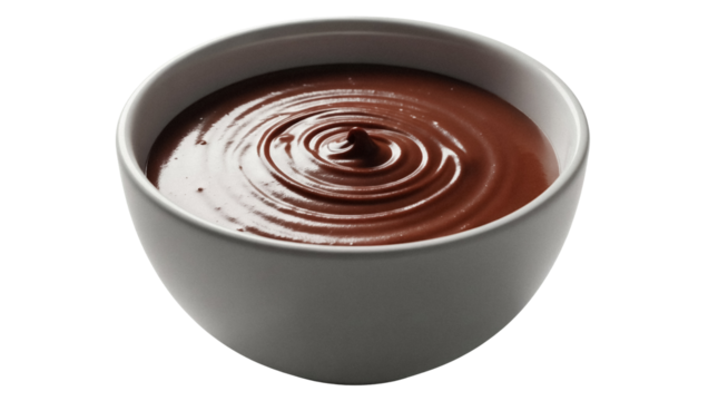 Delicious chocolate pudding in a bowl isolated PNG, creamy dessert for sweet treat and indulgence on transparent background