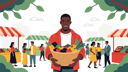 African man carrying a basket of fresh produce while shopping at an outdoor marketplace. Perfect for cultural lifestyle scenes and community activity themes