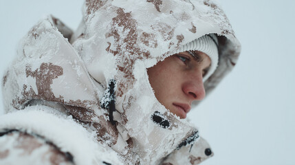 Young man wearing snow camouflage winter jacket in snowy landscape  