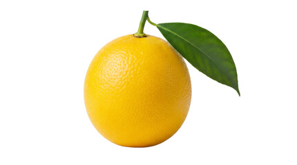 Bright yellow orange with green leaf isolated PNG, fresh citrus fruit on transparent background for healthy eating and vitamin C