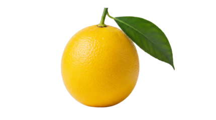 Bright yellow orange with green leaf isolated PNG, fresh citrus fruit on transparent background for healthy eating and vitamin C