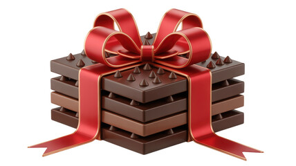Luxurious stacked dark chocolate squares tied with a festive red satin ribbon bow isolated on transparent background