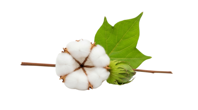 Cotton plant PNG isolated on transparent background, natural fiber boll with green leaf and bud for textile industry and organic products