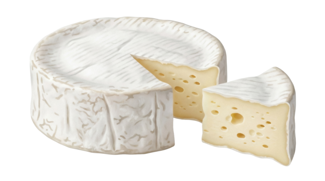 Brie cheese wheel and slice isolated PNG on transparent background, creamy dairy product for gourmet food and culinary design