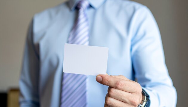 Business Card Presentation: A business professional showcases a blank business card in an environment, symbolizing opportunity, communication, and professionalism. 