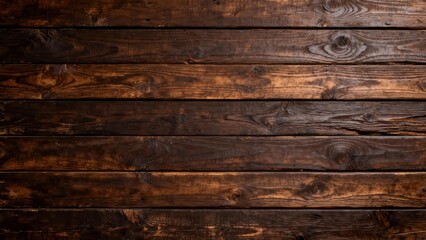 Fototapeta premium Horizontal dark brown wooden planks present a rustic and textured background surface.
