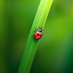 Macro Photo of a Tiny Red Ladybug with Black Spots Crawling on a Green Leaf