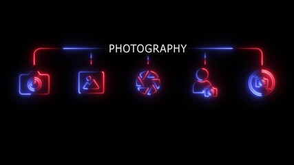 Abstract glowing neon set of photography icon animation with dark background. Camera, photo, lens, picture, photographer.