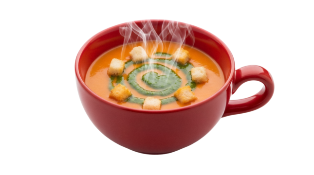 Tomato soup with croutons and pesto in a red bowl isolated PNG, creamy vegetable soup on transparent background