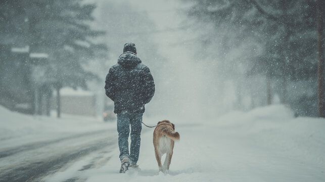 Man walking his dog in snowstorm on winter road  
