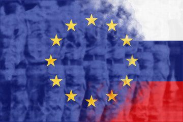 Geopolitical tension: EU and Russia flags merge with a distressed halftone texture, symbolizing conflict, international relations, and security challenges between Europe and Moscow
