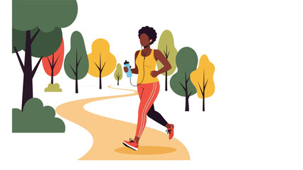 Fototapeta premium African woman jogging outdoors in park environment. Ideal for fitness, motivation, healthy living, and active lifestyle content