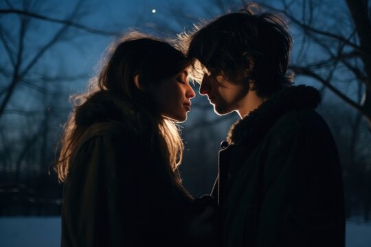 Couple portrait kissing winter.