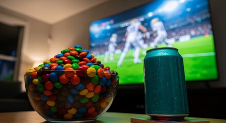 A bowl of colorful candies and a can of beverage sit in front of a television.
