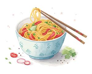 Watercolor Noodles Bowl In Chinese Celebration Food 