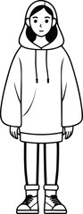 Minimalist outline of a modern streetwear girl wearing an oversized hoodie and sneakers clean black vector lines