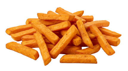 Pile of golden sweet potato fries isolated PNG, delicious snack food on transparent background for fast food menus and takeout