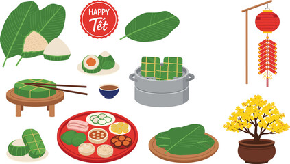 Vietnamese Lunar New Year Tết Vector Illustration Set Featuring Traditional Food, Bánh Chưng, Banana Leaves, Apricot Blossom Tree, and Firecracker Decoration.