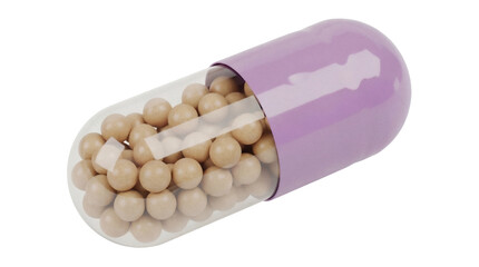 Capsule with beige granules isolated PNG on transparent background, medicine supplement for health...