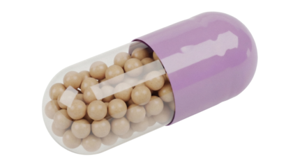 Capsule with beige granules isolated PNG on transparent background, medicine supplement for health and wellness product design