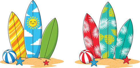 Cartoon Surfboard Vector Set on Sand with Beach Ball, Starfish, and Tropical Leaf Patterns Representing Summer Vacation, Surfing, and Beach Fun Illustration.
