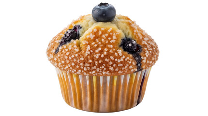 Delicious blueberry muffin with sugar crystals and a fresh blueberry isolated PNG, sweet baked treat for breakfast or dessert