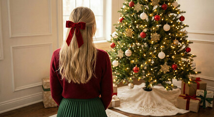 Woman with red bow looking at decorated christmas tree