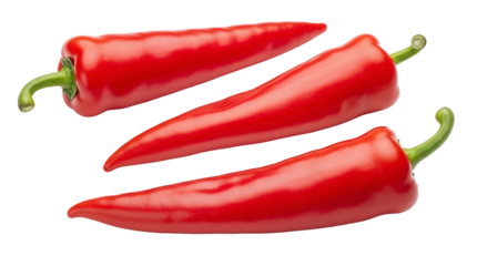 Three red sweet pointed peppers isolated PNG on transparent background, fresh vegetables for cooking and healthy eating