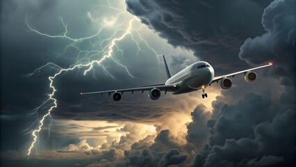 A cargo jet flying through dramatic storm clouds with lightning