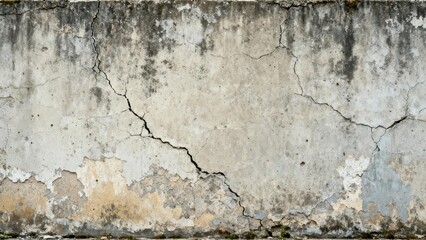 Weathered concrete surface displays deep fissures and peeling plaster textures