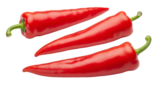 Three red sweet pointed peppers isolated PNG on transparent background, fresh vegetables for cooking and healthy eating