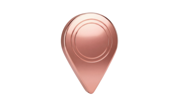 Rose gold map pointer PNG isolated on transparent background, location pin icon for travel and navigation apps