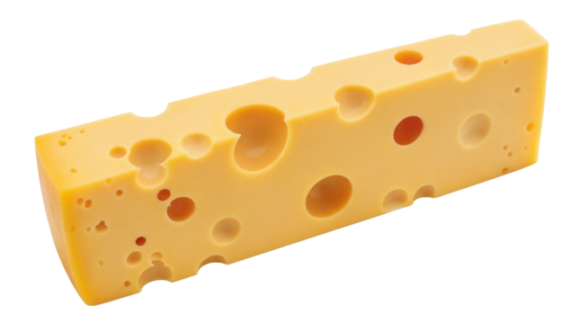 Block of Swiss cheese isolated PNG on transparent background, dairy product with holes for cooking and food design - Powered by Adobe