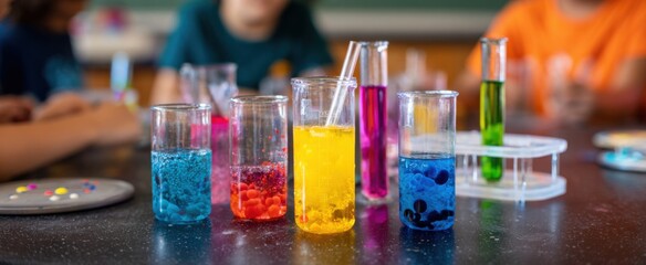 the vibrant classroom setting featuring engaging hands-on science experiments with colorful liquids and tools