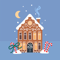 Gingerbread house illustration with candy decorations and snow, whimsical cookie home facade with icing ornaments, sweet bakery style vector on blue background