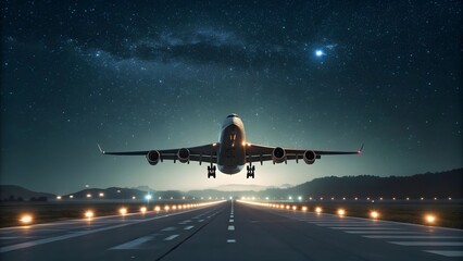 Cargo aircraft taking off at night with glowing runway lights
