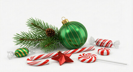 Christmas candies and decorations on white background