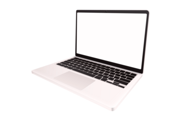 Modern silver laptop computer with a blank white screen isolated on a white background, perfect for mockups and presentations