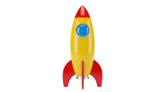 Yellow and red rocket ship PNG isolated on transparent background, cartoon space vehicle for kids and science fiction