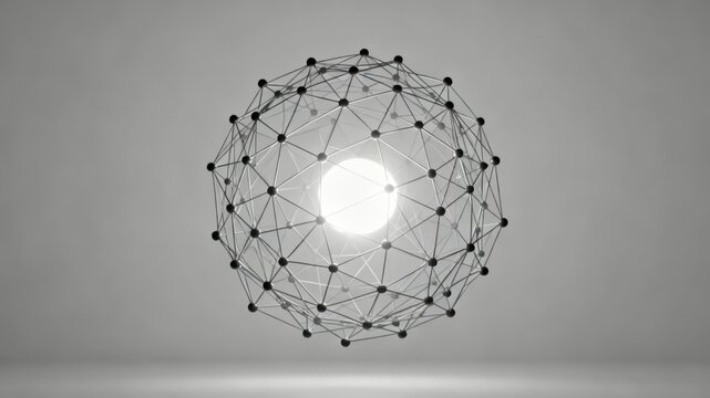 Glowing geometric sphere with connected nodes representing digital intelligence and global networks.